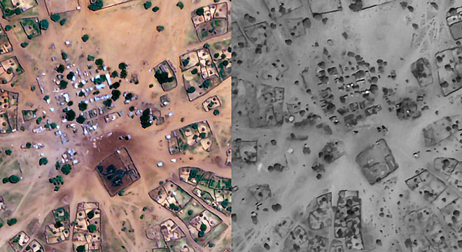 Imagens de satélite mostram “o antes e o depois” de ataque no vilarejo de Angabo, em Darfur, província sudanesa  |  Reprodução