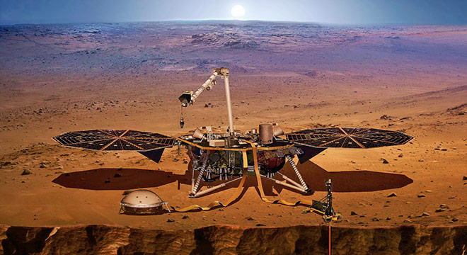 Representação artística da Insight e seus dois instrumentos (SEIS, à esquerda, e HP3, à direita) pousado em ElysiumPlanitia. Vê-se também o braço robótico e os dois painéis solares de formato circular (Crédito: NASA/JPL-Caltech) Representação artística da Insight e seus dois instrumentos (SEIS, à esquerda, e HP3, à direita) pousado em ElysiumPlanitia. Vê-se também o braço robótico e os dois painéis solares de formato circular (Crédito: NASA/JPL-Caltech)