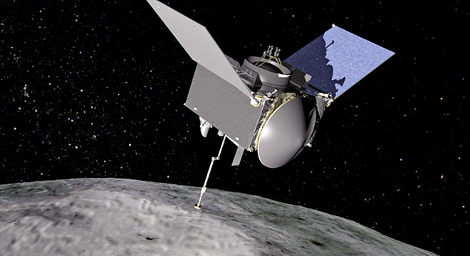 Representação artística da espaçonave OSIRIS-REx orbitando sobre Bennu (Crédito: NASA Goddard Space Flight Center) Representação artística da espaçonave OSIRIS-REx orbitando sobre Bennu (Crédito: NASA Goddard Space Flight Center)