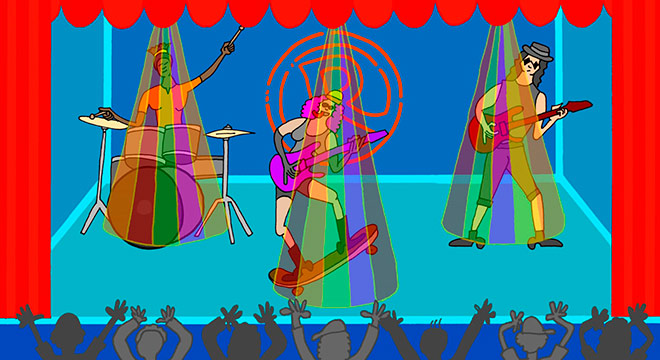 Desenho de um trio de rock tocando em cena do filme de animação
