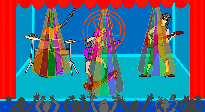 Cena do filme Quarks e Léptons Desenho de um trio de rock tocando em cena do filme de animação