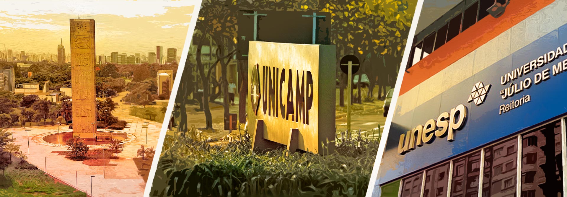 USP, Unicamp e Unesp - Autonomia de Gestão Financeira – 30 anos Montagem com três fotos, sendo a primeira à esquerda, imagem panorâmica de amplo pátio, do alto para baixo, com torre de concreto ao centro medindo 50 metros de altura por dez de largura, com desenhos em baixo e alto relevo, e um relógio ao alto. Na foto ao centro, imagem em perspectiva de placa de concreto horizontal, com cerca de oito metros, por quatro de altura, onde se lê Unicamp em baixo relevo, instalada em área com vegetação rasteira. Na última, fachada de edificação, onde se lê Unesp. Imagem 1 de 1