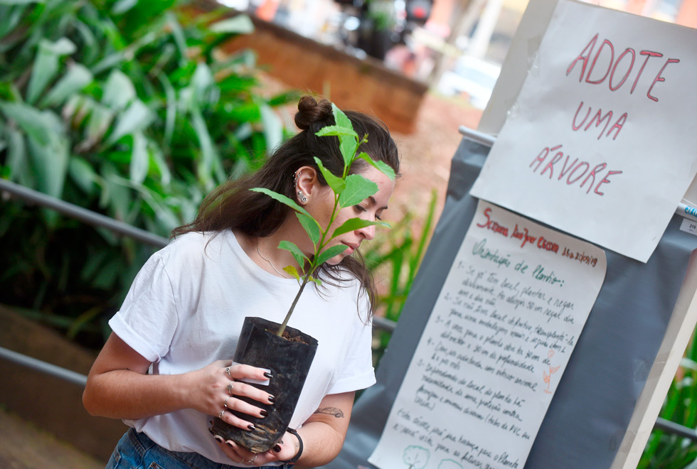 Estudante está com uma muda de árvores nas mãos. Atrás dela, um painel exibe um cartaz dizendo "adote uma árvore". 