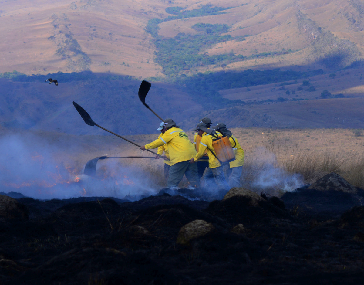 Incêndios destroem matas e ecossistemas como já ocorreu na Serra da Canastra Brigadistas tentam apagar foco de incendio na Serra da Canastra