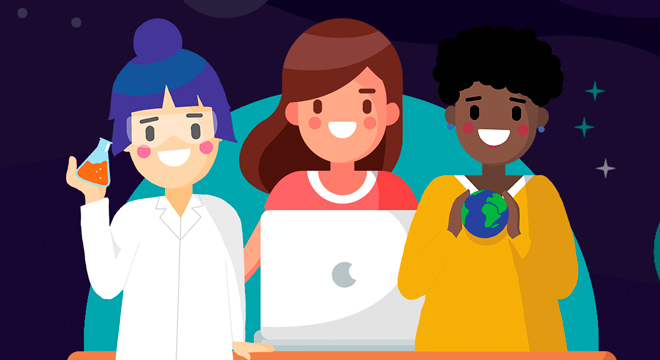 Programação inclui o primeiro encontro do programa Meninas Super Cientistas realizado no Imecc no dia 7/3 Audescrição: imagem de três meninas que consiste no logo do programa Meninas Super Cientistas
