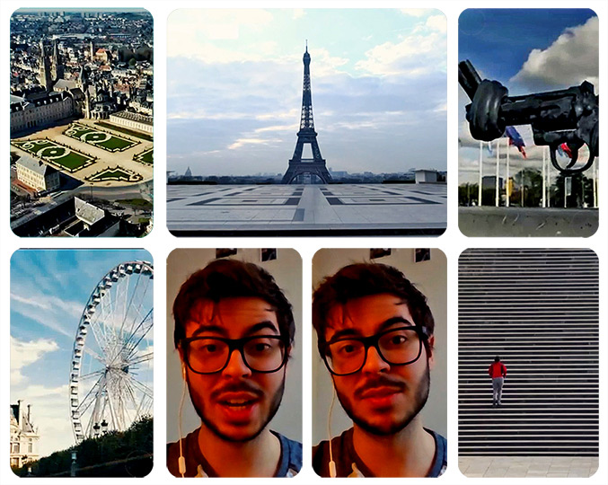 Montagem com fotos do aluno Pedro Gabriel e imagens de Paris e de Caen na França.