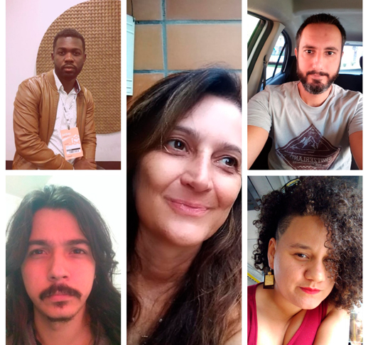 Foco é o desenvolvimento probono de uma ferramenta para gerir um Banco de Tradutores e Interpretes e informar estrangeiros que residem na RMC sobre as constantes mudanças diante à pandemia do coronavírus. foto de três homens e duas mulheres que compõem o grupo de pesquisa