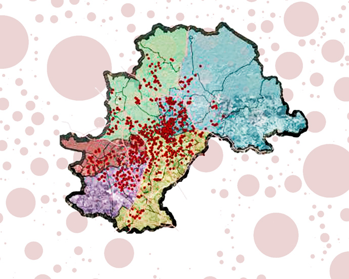 Análises epidemiológicas mostram mapa da dispersão da Covid-19 em Campinas audiodescrição: mapa colorido mostrando dispersão da covid-19