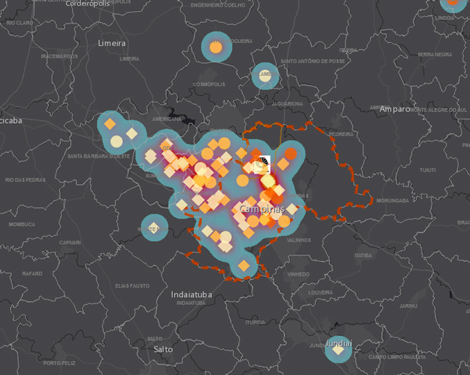 Mapa de Campinas com vários pontos identificando informações geográficas do coronavirus 