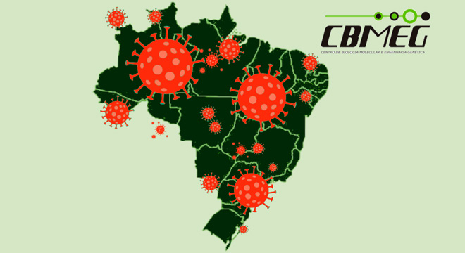 mapa do Brasil com vários pontos demarcados com a imagem do coronavírus