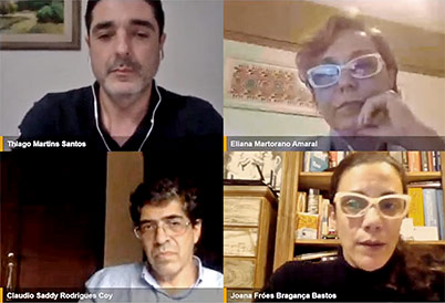 Aula inaugural do curso Covid-19 teve como tema “Desafios da Formação Médica em Tempos de Pandemia” Tela do computador mostrando o aplicativo Zoom com os participantes do webinário