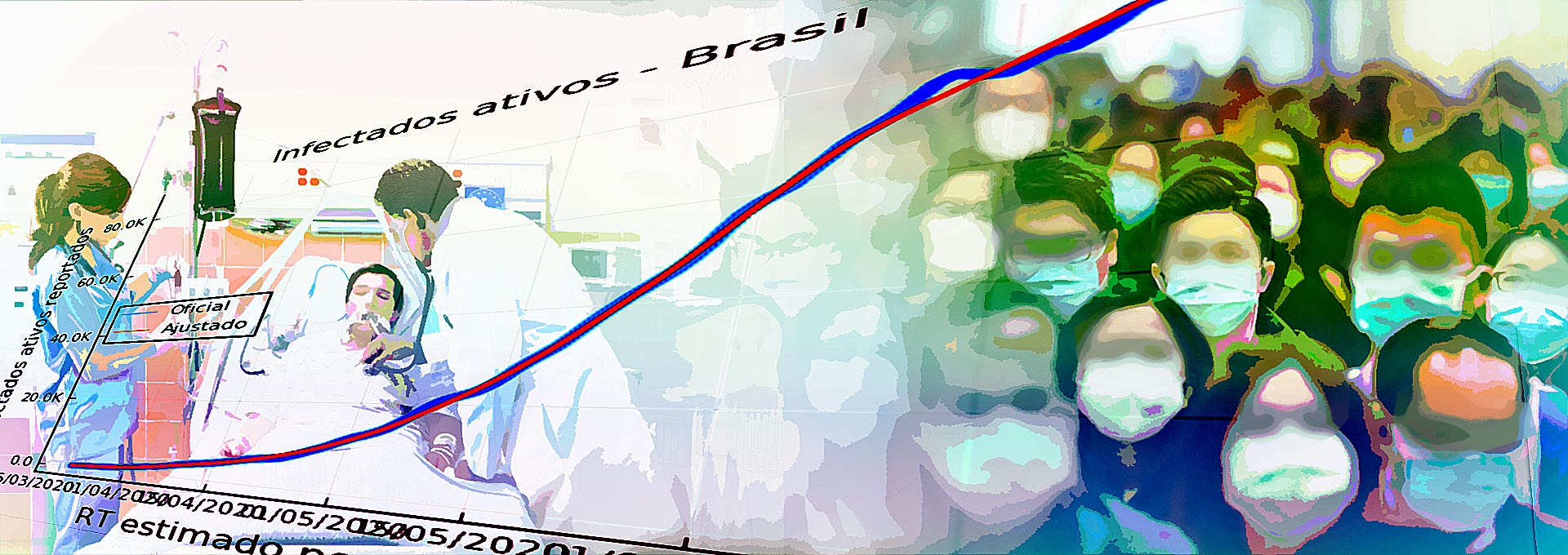 Modelos matemáticos e Covid-19: o que eles têm a dizer? audiodescrição: ilustração colorida com doentes pela covid-19 sobreposta de gráficos