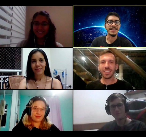 Depois de várias pesquisas o grupo decidiu atacar o problema vivido por médicos, enfermeiros e todos os agentes de saúde envolvidos no combate à Covid-19 Imagem da tela do computador com aplicativo Zoom com seis pessoas que compõem a equipe que desenvolveu aplicativo