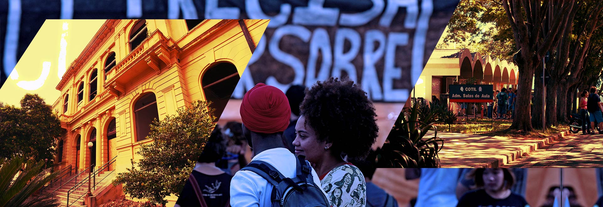 Unicamp aprova adoção de cotas para colégios técnicos montagem mostra as fachadas dos colégios cotuca e cotil e, ao centro, duas alunas negras em frente a uma faixa pedido a implementação de cotas
