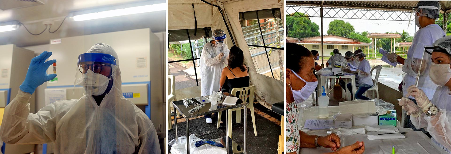 montagem de fotos mostra profissionais de saúde com roupas de segurança e manuseando instrumentos e testes para detectar o coronavírus