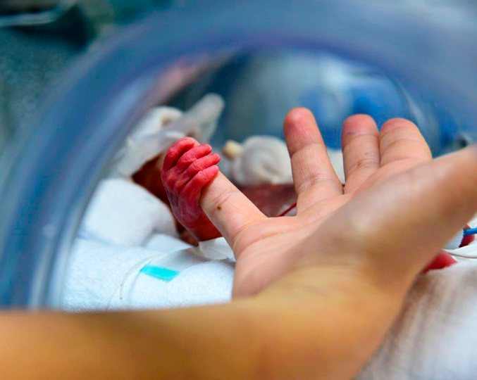 Mãe segura mãozinha de bebê em incubadora de UTI Neonatal 