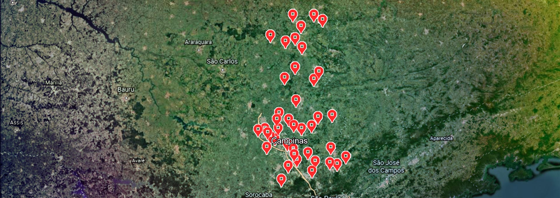 audiodescrição: ilustração colorida de um mapa da região de campinas com as cidades que são atendidas pelos diagnósticos via Unicamp marcadas