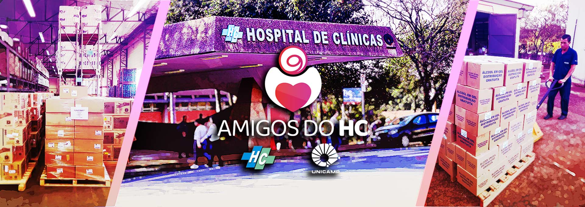 montagem mostra a fachada do hospital de clínicas ao centro com caixas de doações nas laterais. ao centro, há o logo da campanha amigos do hc