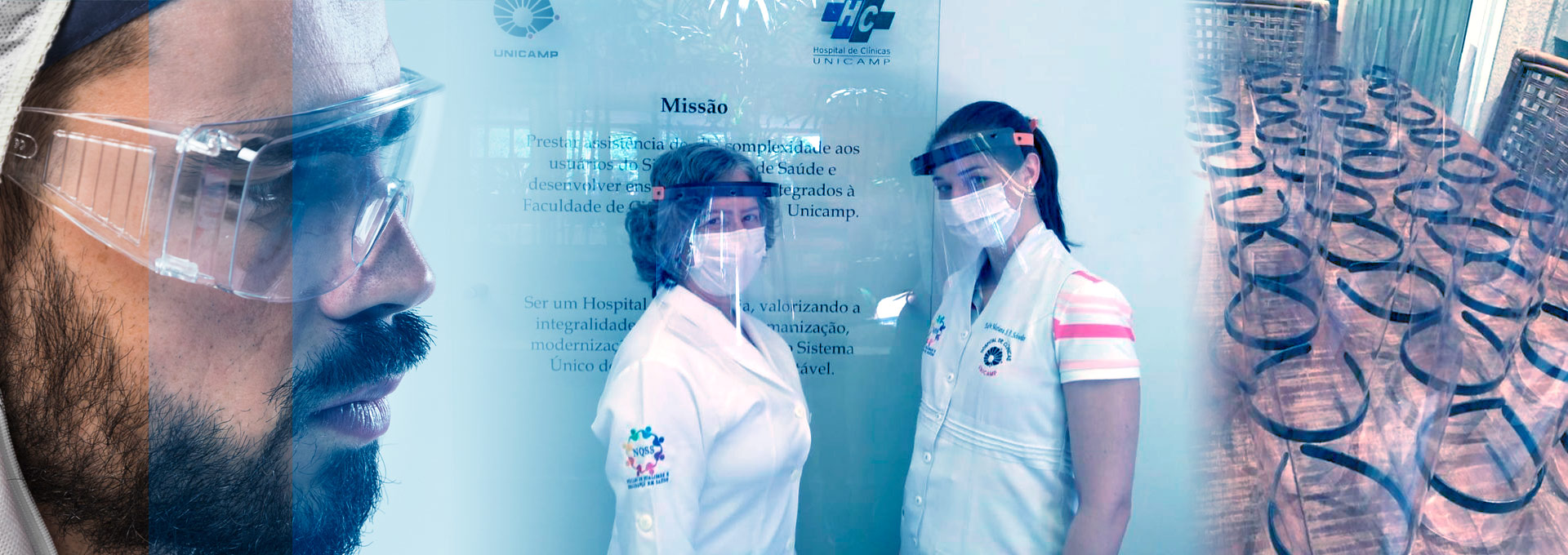 As doações dos materiais de proteção à saúde vindas das empresas também ajudaram muito no enfrentamento da covid-19. Montagem de pessoas utilizando óculos de proteção e máscaras face shields