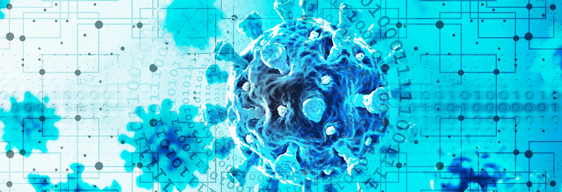 Sistema usa algoritmos de inteligência artificial capazes de reconhecer em amostras de plasma sanguíneo um padrão de moléculas característico da doença Ilustração de programação de Inteligência Artificial com imagens do coronavírus