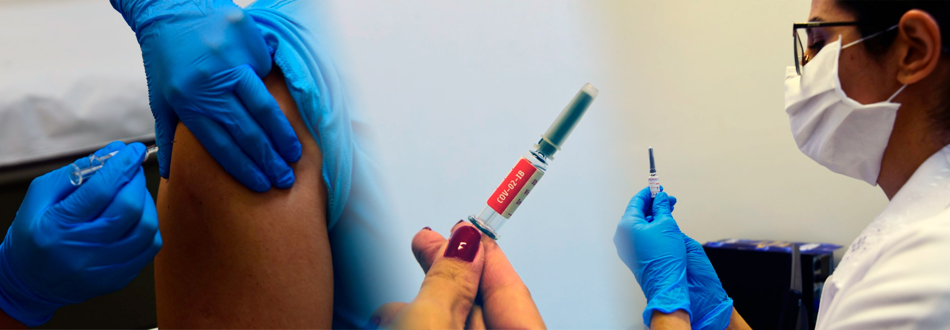 O primeiro voluntário a receber a vacina foi um médico residente da FCM, 29 anos e que faz parte de um grupo de 500 candidatos selecionados das áreas COVID-19 do hospital fotos da ampola da vacina e um profissional aplicando no voluntário