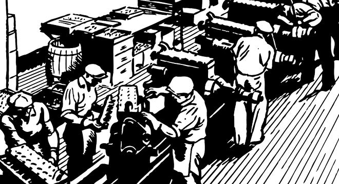 Das 182 doenças relacionadas inicialmente, a listagem atual contém 347 ilustração de homens trabalhando em uma linha de produção de fábrica