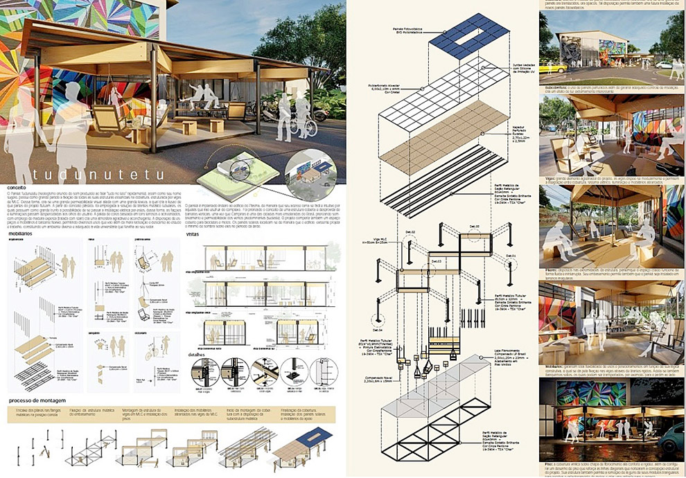 Outro projeto classificado em segundo lugar desenvolvido por Gabriel Faria (Arq. Urb. - PUCCAMP), Laura Luvizotto (Eng. Civil - Unicamp) e Ricardo Costa Pinto (Arq. Urb. - IAU USP) imagem mostra prancha com projeto arquitetônico que concorreu ao prêmio