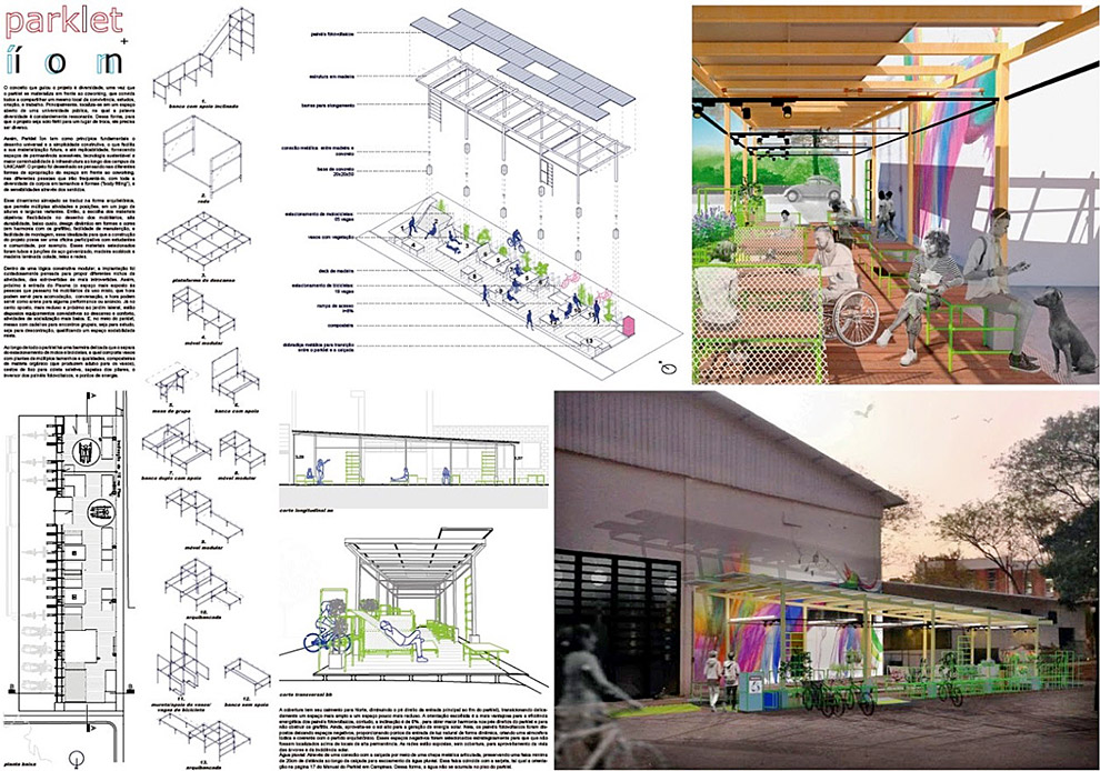 Projeto classificado em segundo lugar desenvolvido por Alessandro Bezerra (Eng. Amb. - USP), Clara Machado, Ingrid Nunes, Mateus Rocha e Rebeca Moraes (Arq. Urb. - Unicamp) imagem mostra prancha com projeto arquitetônico que concorreu ao prêmio