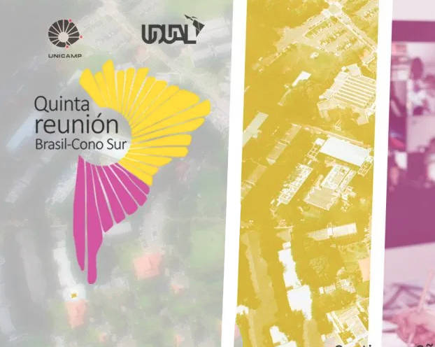 V Reunião Brasil-Cone Sul UDUAL ocorre no dia 9 de outubro audiodescrição: cartaz de divulgação da reunião brasil cone sul da udual; o cartaz tem imagens de campi de universidades e um mapa da américa latina de cor amarela e rosa