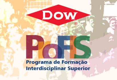 Estudantes terão ainda mentoria dos profissionais da empresa imagem mostra logos da empresa dow e do programa profis em primeiro plano e, ao fundo em marca d'água, imagem de estudantes