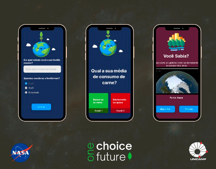 Aplicativo One Choice One Future está na fase final da competição audiodescrição: ilustração colorida mostra três imagens de celulares e nelas há imagens de como o aplicativo funciona