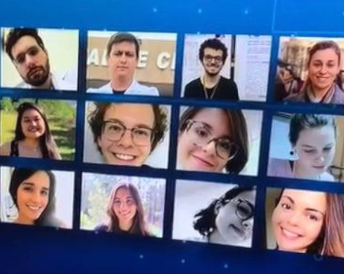 Alunos que participam do Telessaúde : O trabalho voluntário de alunos e docentes no atendimento remoto da pandemia mostrou ser eficaz para colaboração na assistência e na manutenção da prática clínica dos estudantes Tela do aplicativo Zoom com alunos de medicina que participam do Telessaúde