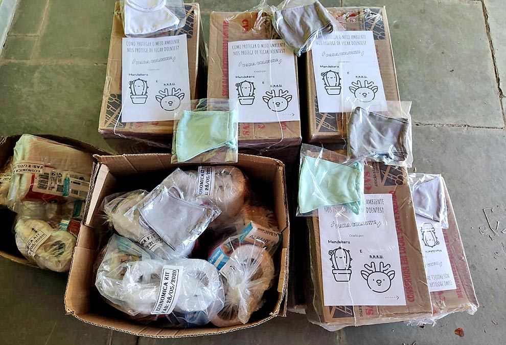 foto mostra kit doado às famílias, com cesta básica, itens de higiene, máscara e panfleto informativo