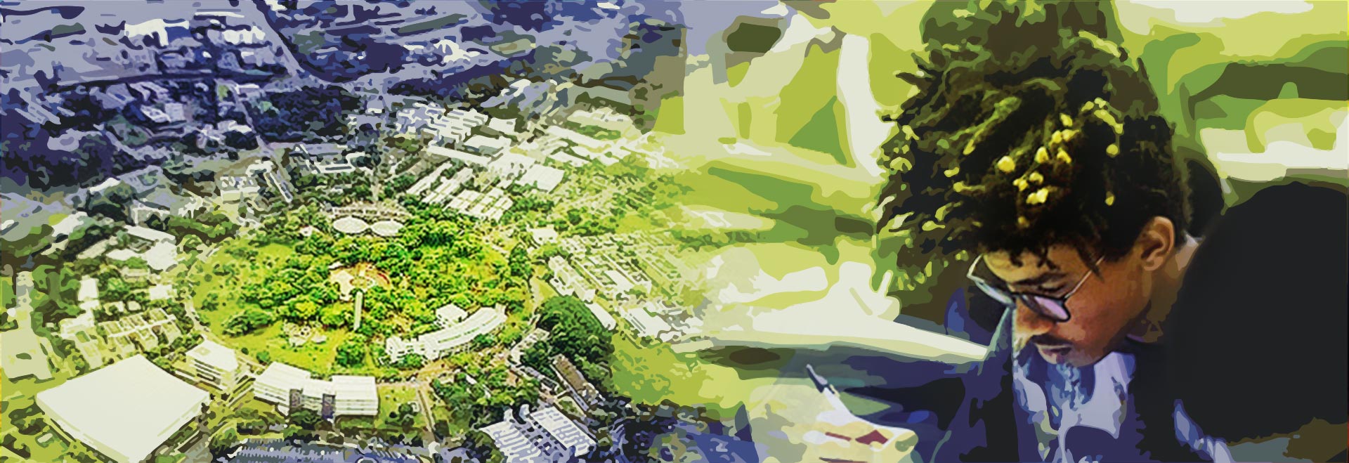 audiodescrição: montagem com duas fotos coloridas, em uma sobreposição de imagem aérea do campus da Unicamp e um estudante com a cabeça baixa fazendo prova