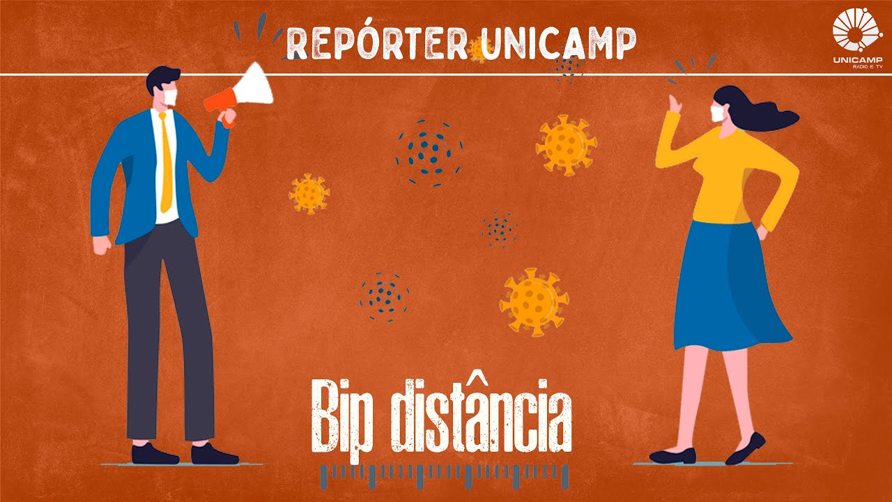Capa do programa onde aparece um casal respeitando a distancia segura e embaixo está escrito "bip distância"