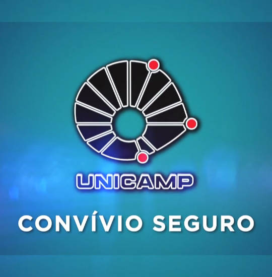 Videoaulas para convívio seguro serão obrigatórias a todos audiodescrição: logo da unicamp com fundo azul e abaixo esta escrito "convívio seguro"