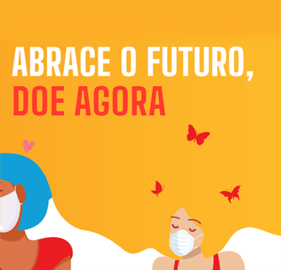 audiodescrição: ilustração de divulgação da campanha abrace o futuro com duas mulheres que dão abraços em si mesmas