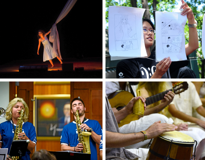Programa Aluno-Artista completa 10 anos audiodescrição: montagem com quatro fotografias coloridas de apresentações de dança e de músicos