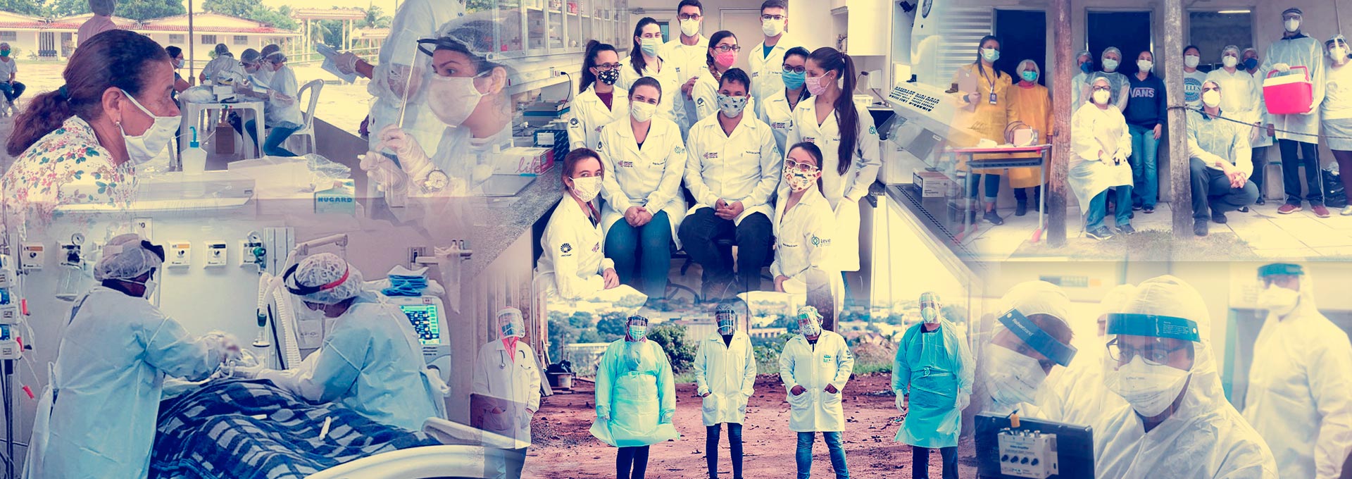 audiodescrição: montagem de fotografias coloridas de profissionais da Unicamp em ações de testagem da covid, em hospitais e laboratórios