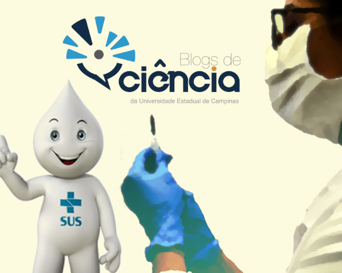 imagem mostra o logo do projeto blogs de ciência, o zé gotinha e uma enfermeira segurando uma seringa com dose de vacina