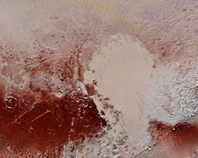 Crateras de impacto de Plutão, com diâmetros entre 5 km e 60 km, à esquerda da planície Sputnik (área mais clara, em fomato de balão) | Crédito: NASA/JHUAPL/SwRI Crateras de impacto de Plutão, com diâmetros entre 5 km e 60 km, à esquerda da planície Sputnik (área mais clara, em fomato de balão) | Crédito: NASA/JHUAPL/SwRI