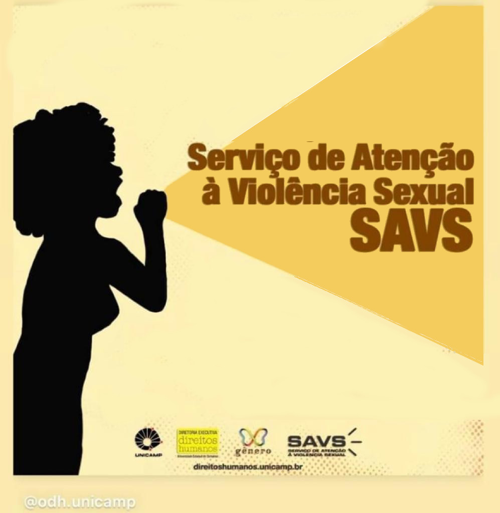 Audiodescrição: imagem em fundo bege uma silhueta de mulher sombreada, com título Serviço de Atenção à Violência Sexual (SAVS)  