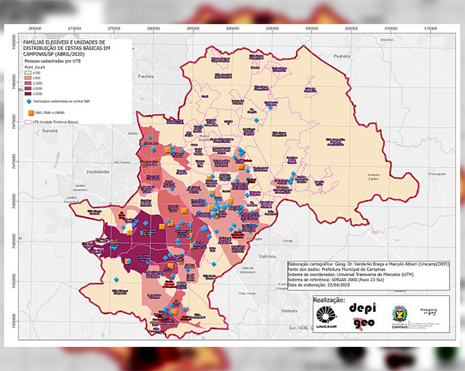 imagem mostra mapa da região de campinas e o esquema de distribuição de cestas básicas pela campanha unciamp solidária