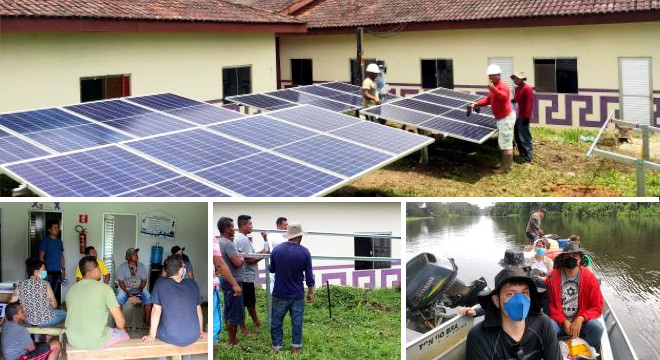 Moradores e técnicos finalizando as instalações dos módulos fotovoltaicos na Aldeia Kumenê