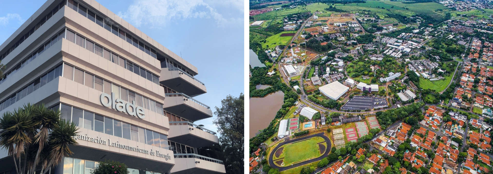 Unicamp e OLADE firmam parceria audiodescrição: montagem com duas fotografias coloridas, lado a lado. uma é do prédio da olade e outra do campus da unicamp