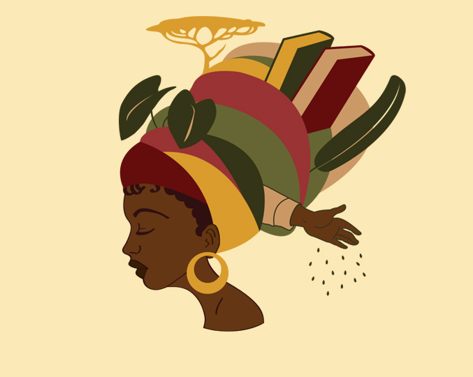 audiodescrição: ilustração colorida de uma mulher negra de perfil usando turbante