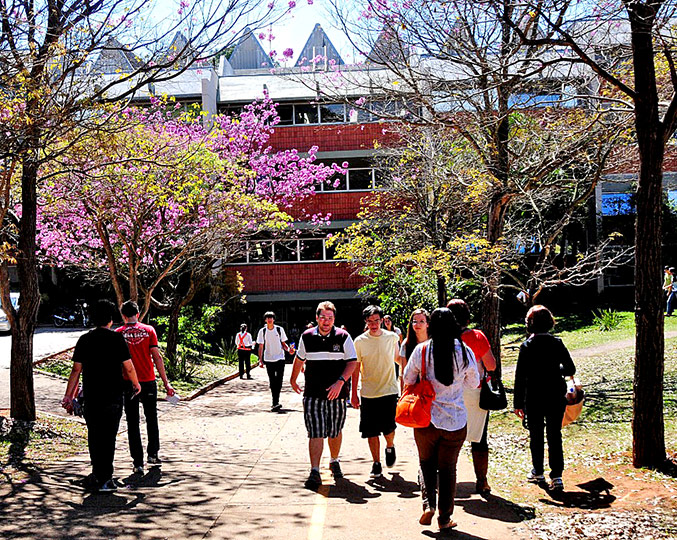 foto mostra estudantes andando por uma rua do campus com o ginásio multiusuário ao fundo