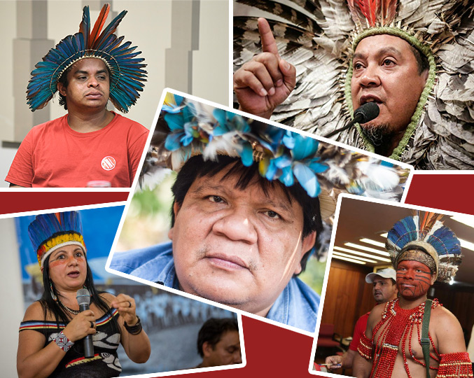 audiodescrição: montagem com cinco fotografias coloridas de lideranças indígenas