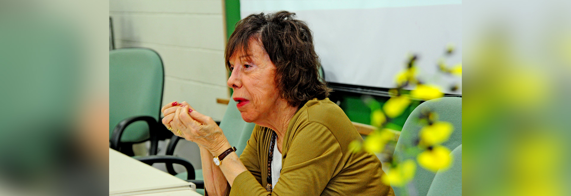 "O Nepo, para mim, foi meu filho temporão", revelou a professora. Elza é uma referência nos estudos em demografia no país (foto: Antonio Scarpinetti) foto mostra elza berquó sentada à mesa falando a uma plateia