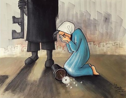 Grafite da artista de rua afegã Shamsia Hassani mostra mulher afegã chorando diante de um homem armado
